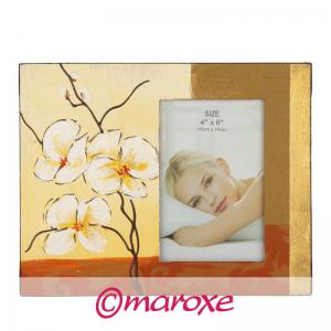 Ramka dekoracyjna foto, ręcznie malowana ramka do zdjęć białe kwiaty tło w kolorach; żłótym, pomarańczowym
