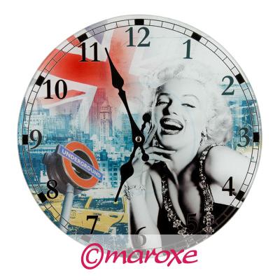 Okrągły zegar ścienny szklany z Marylin Monroe ( Vintage ) D30 cm.
